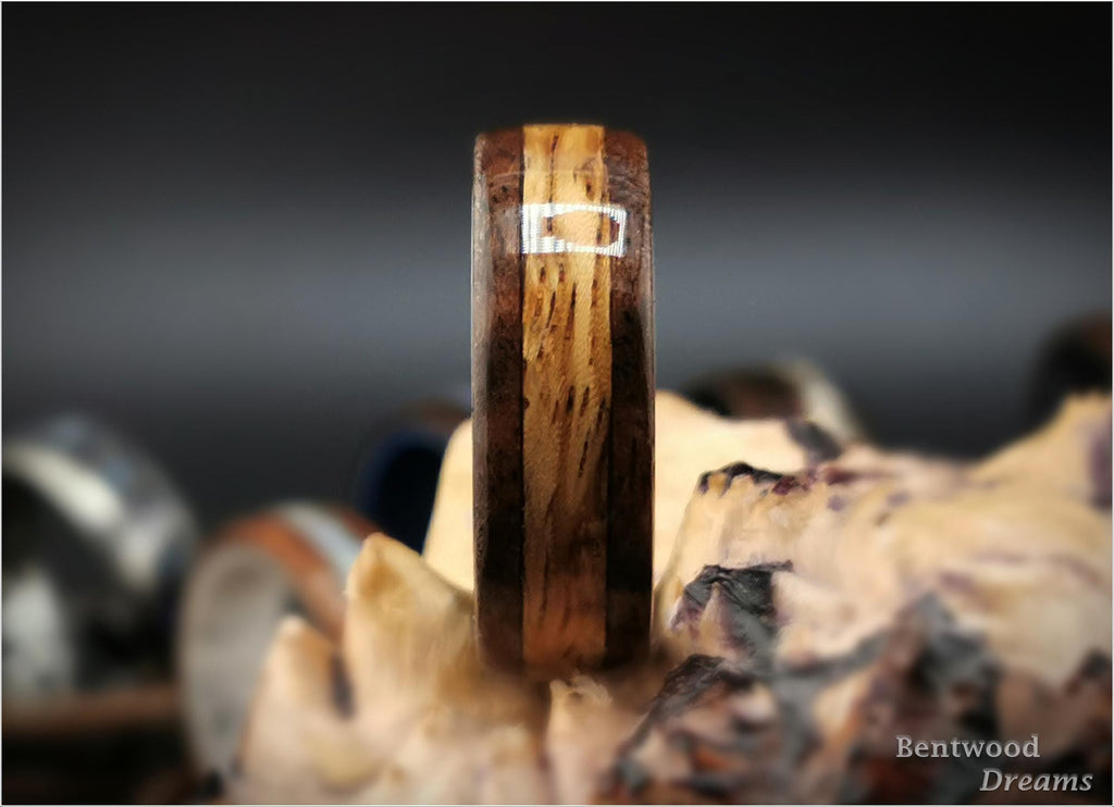 Bentwood Ring: Walnut Burl, inlaid Marbled Zebrano, Polished Black Ceramic core, wood ring