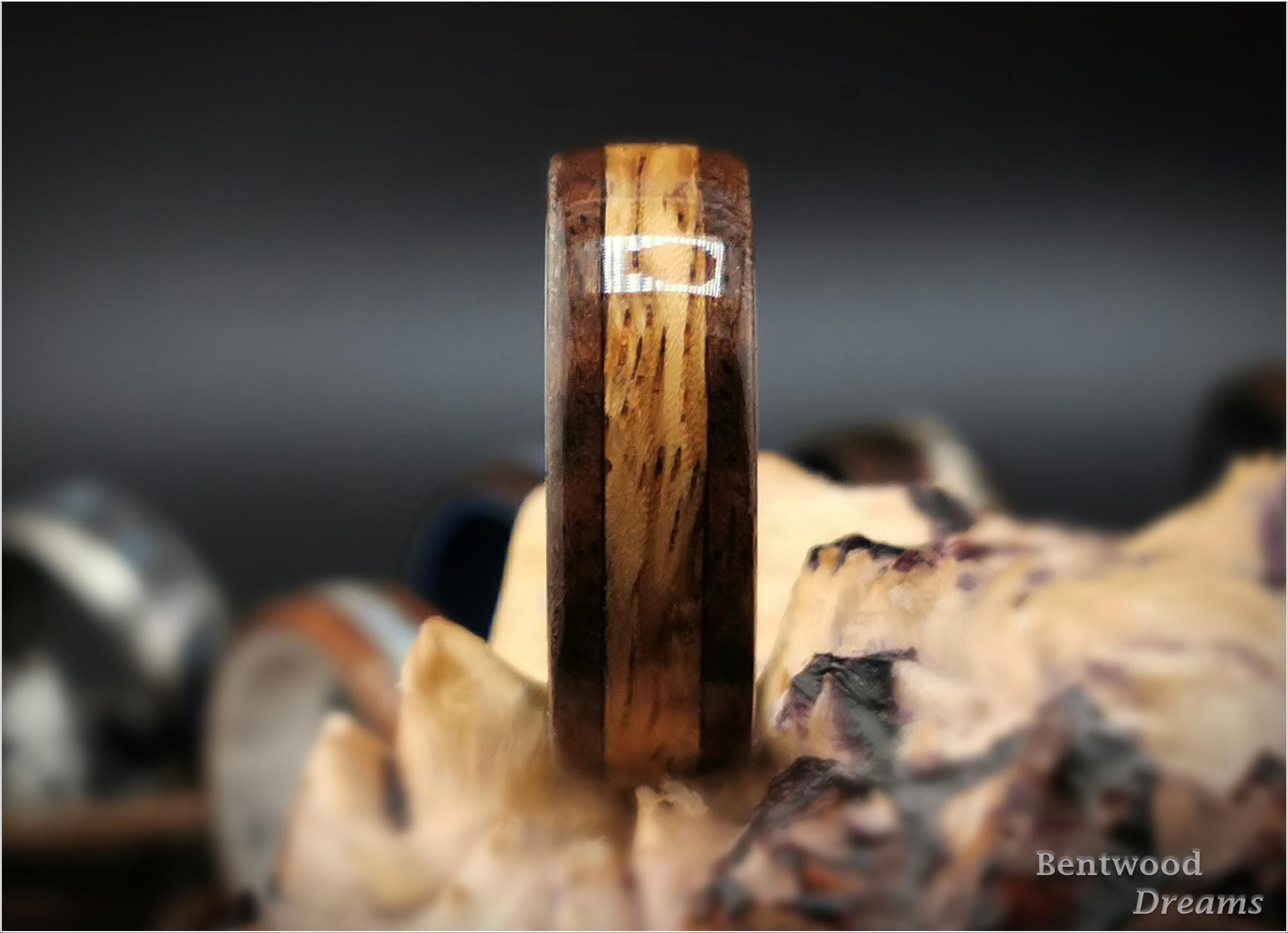 Bentwood Ring: Walnut Burl, inlaid Marbled Zebrano, Polished Black Ceramic core, wood ring