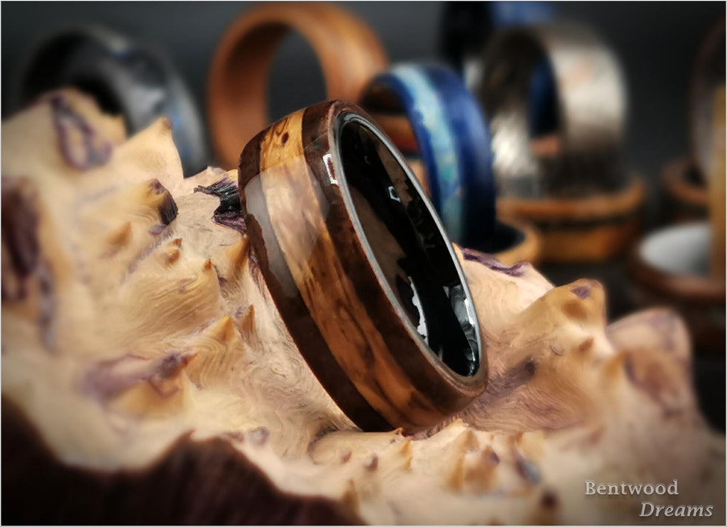 Bentwood Ring: Walnut Burl, inlaid Marbled Zebrano, Polished Black Ceramic core, wood ring