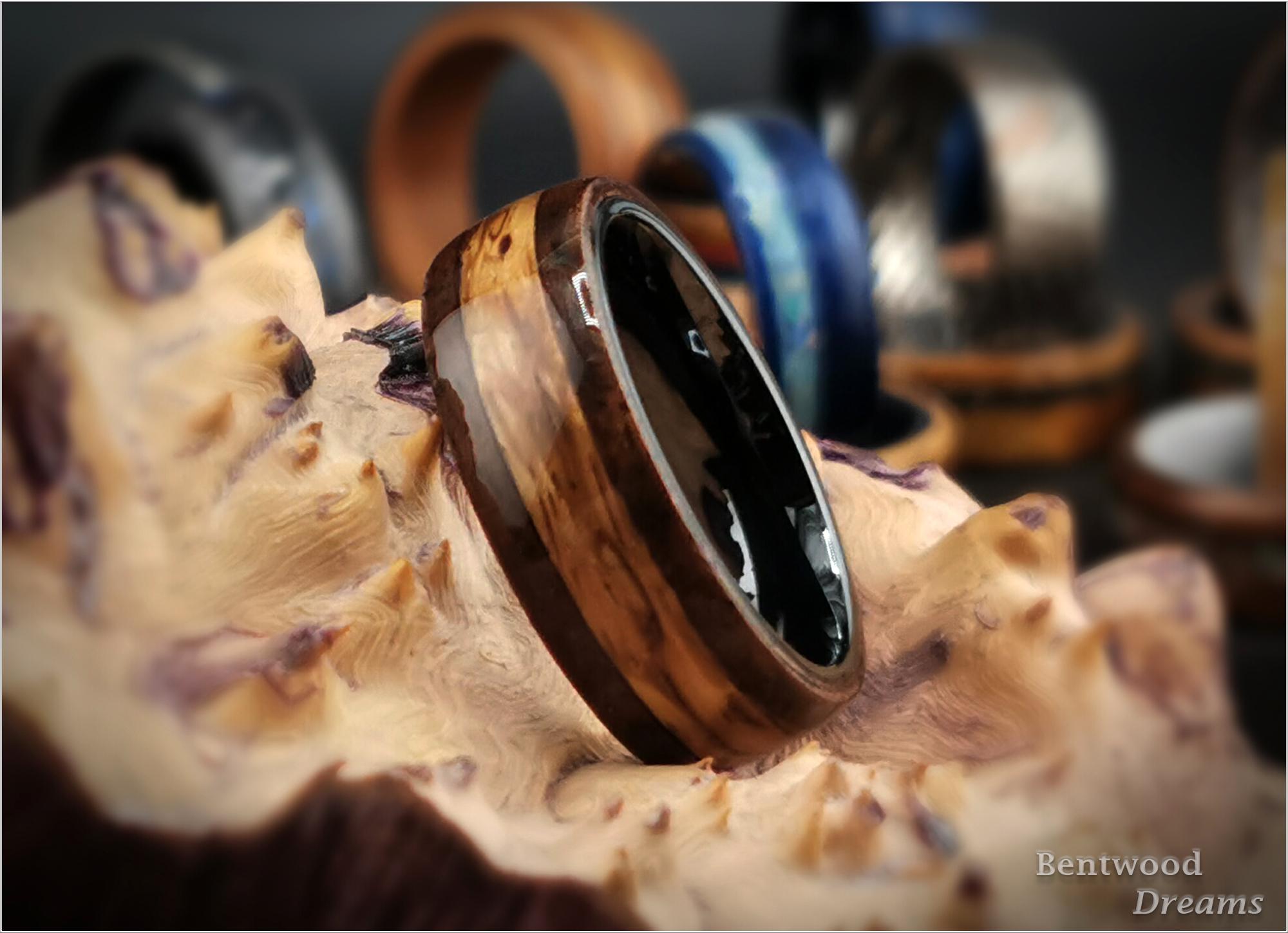 Bentwood Ring: Walnut Burl, inlaid Marbled Zebrano, Polished Black Ceramic core, wood ring