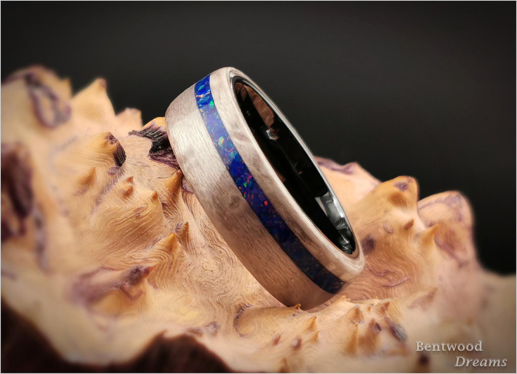Bentwood Ring: Silver Birdseye Maple, offset inlaid Opal, Polished Black Ceramic core, wood ring