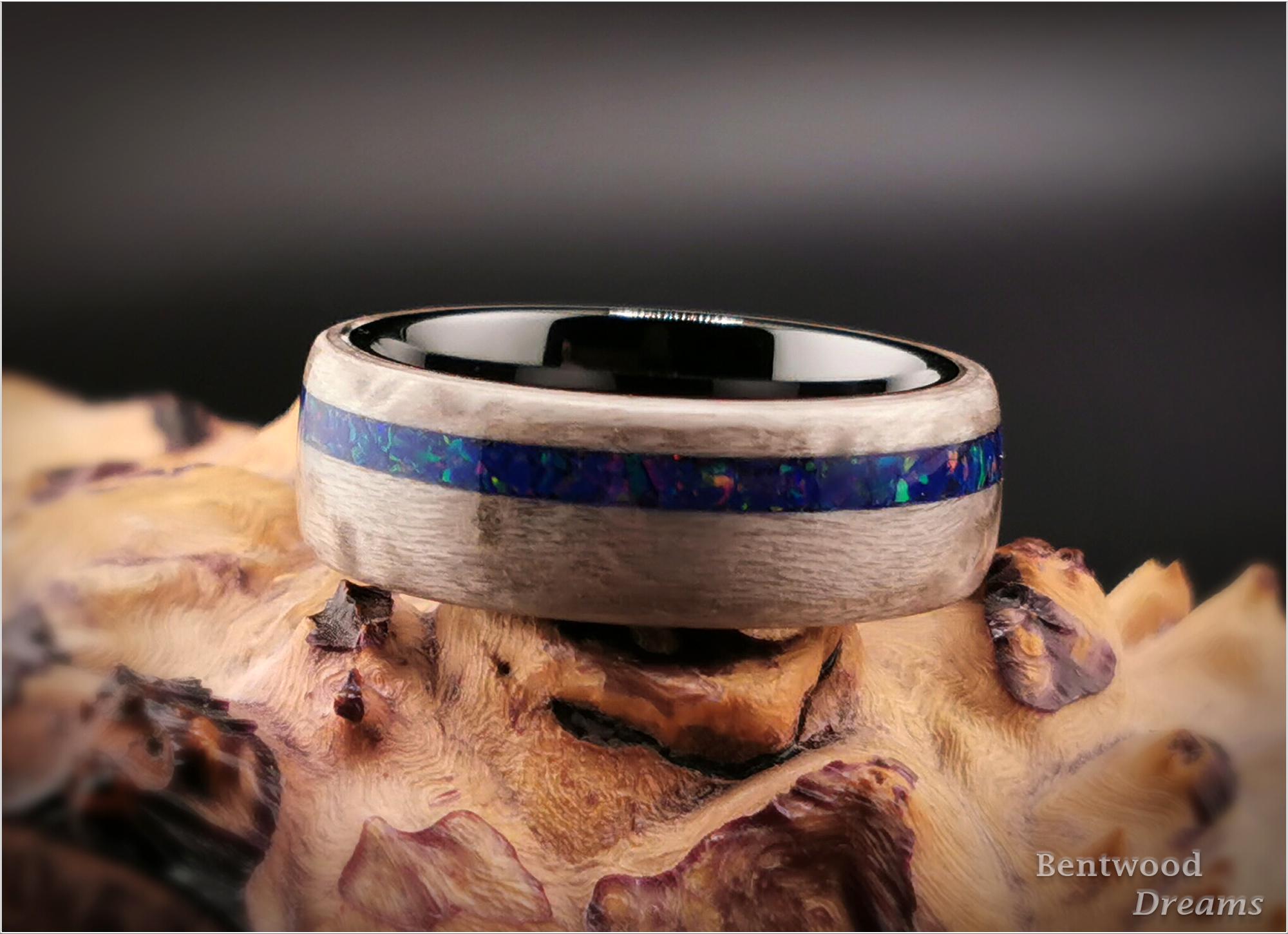 Bentwood Ring: Silver Birdseye Maple, offset inlaid Opal, Polished Black Ceramic core, wood ring