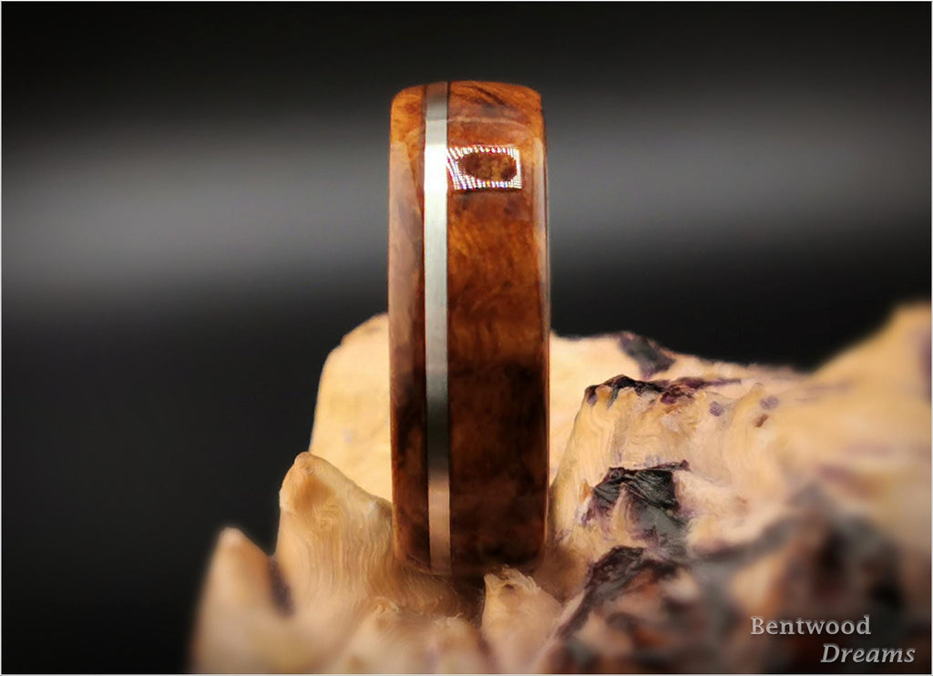 Bentwood Ring: English Chestnut Burl, offset inlaid Sterling Silver, Polished Black Ceramic core