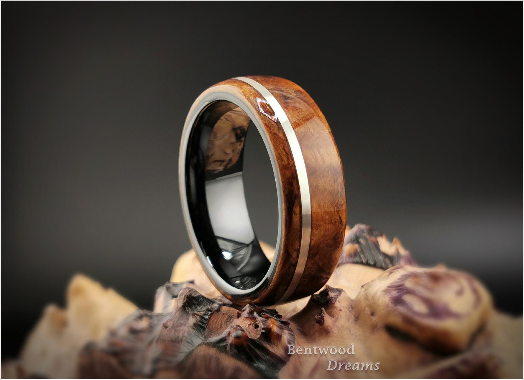 Bentwood Ring: English Chestnut Burl, offset inlaid Sterling Silver, Polished Black Ceramic core
