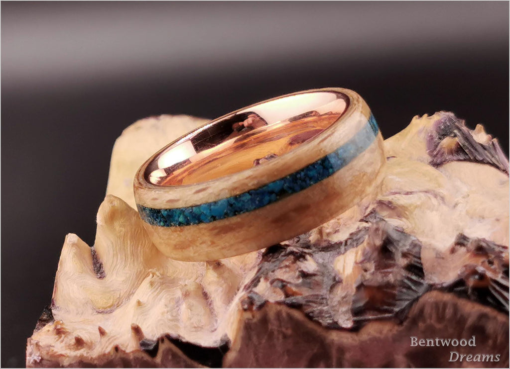 Bentwood Ring: Brownheart Beech, offset inlaid Chilean Blue Opal, Polished Copper core, wood ring