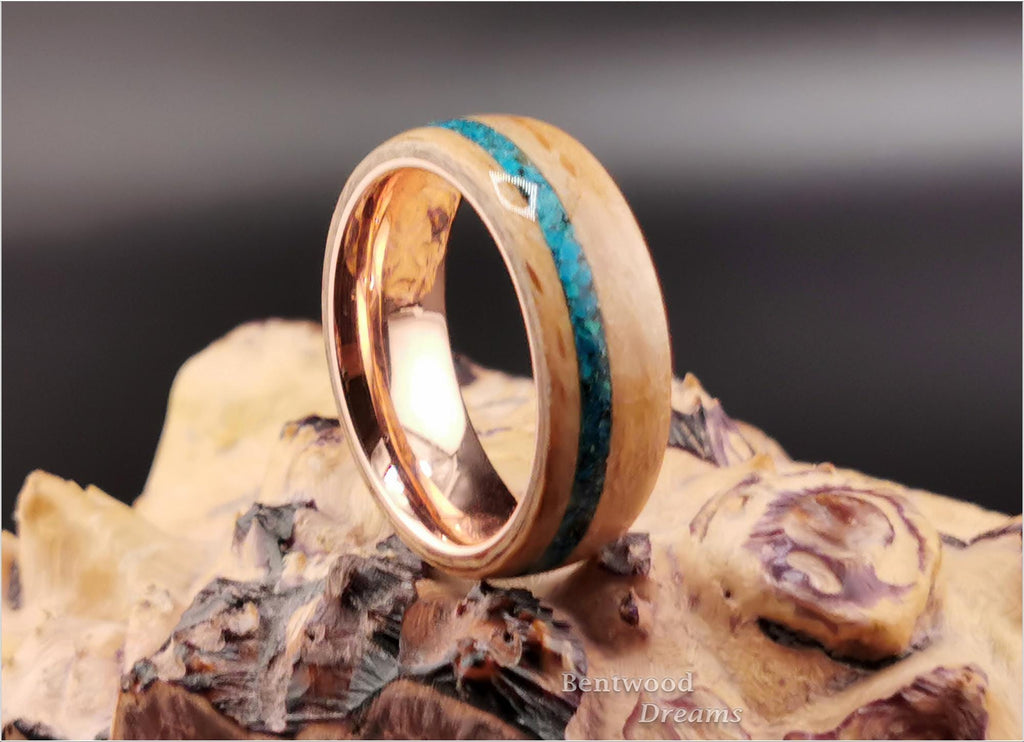 Bentwood Ring: Brownheart Beech, offset inlaid Chilean Blue Opal, Polished Copper core, wood ring