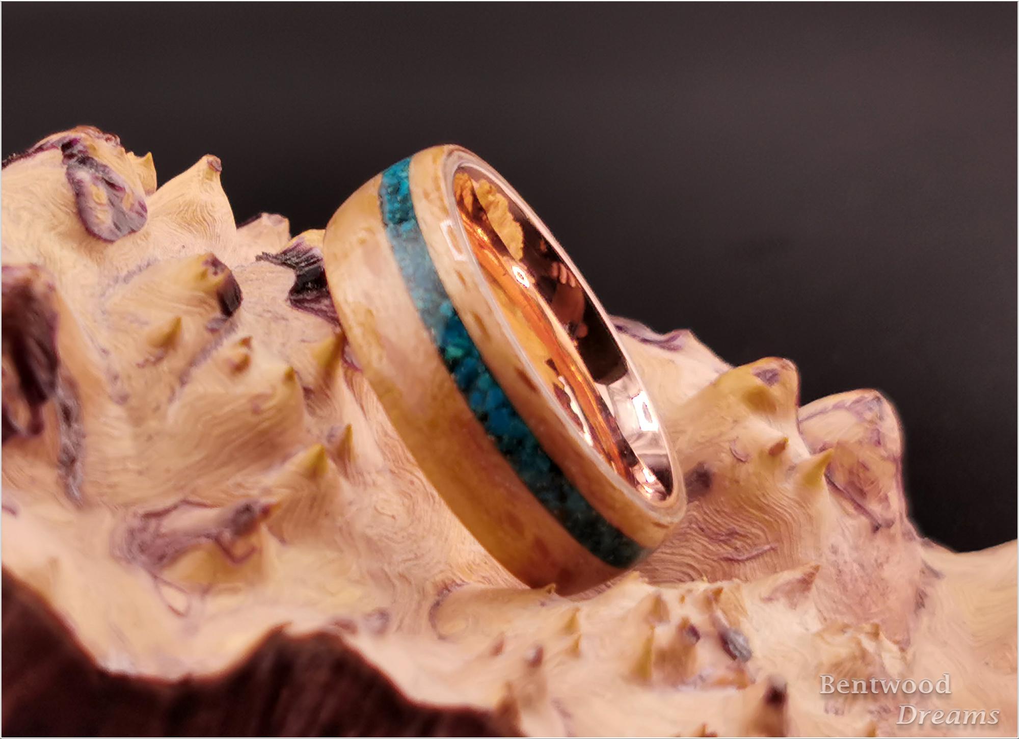 Bentwood Ring: Brownheart Beech, offset inlaid Chilean Blue Opal, Polished Copper core, wood ring