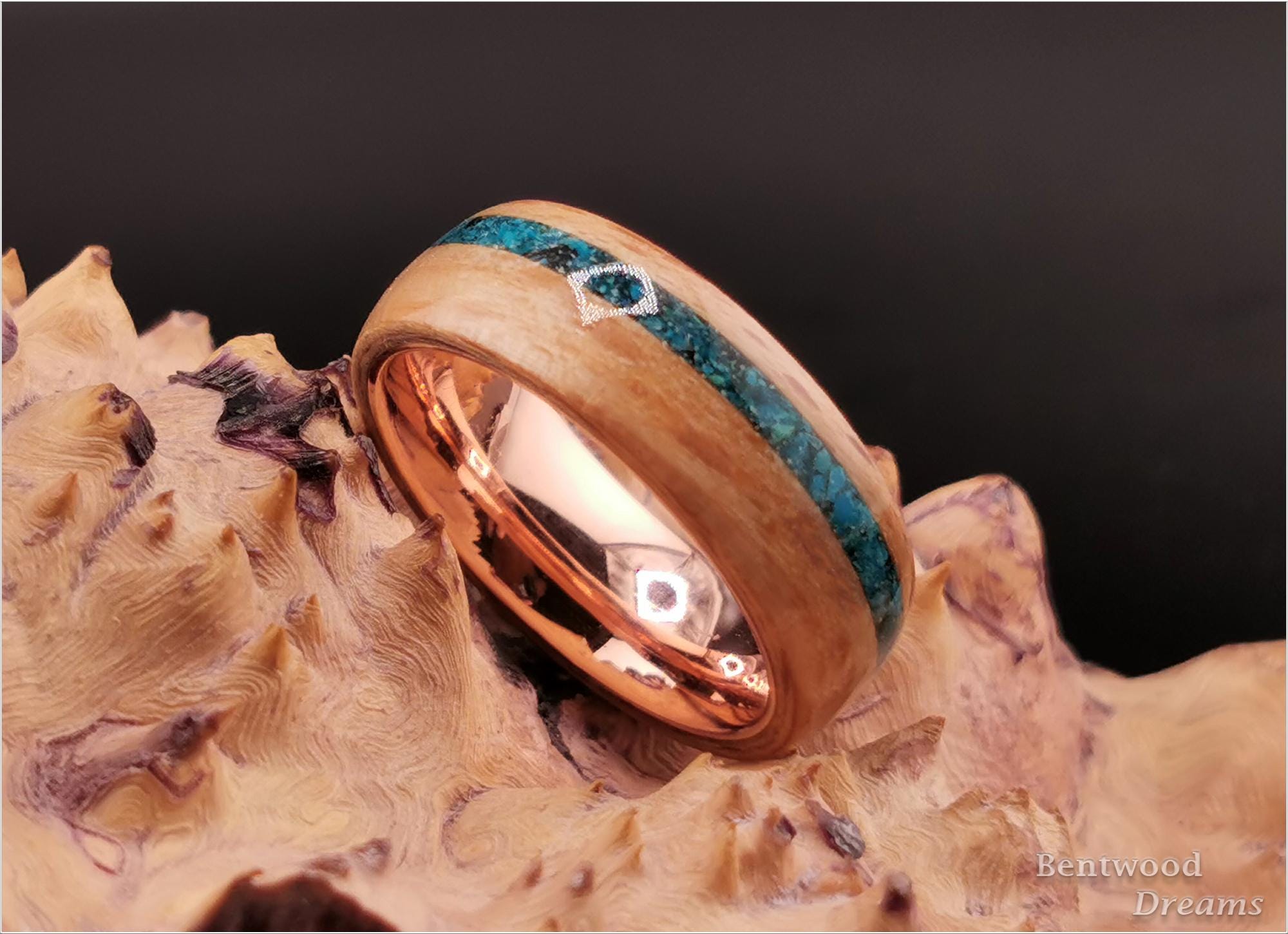 Bentwood Ring: Brownheart Beech, offset inlaid Chilean Blue Opal, Polished Copper core, wood ring