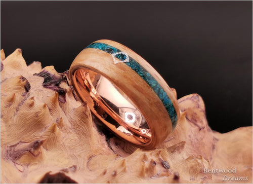 Bentwood Ring: Brownheart Beech, offset inlaid Chilean Blue Opal, Polished Copper core, wood ring