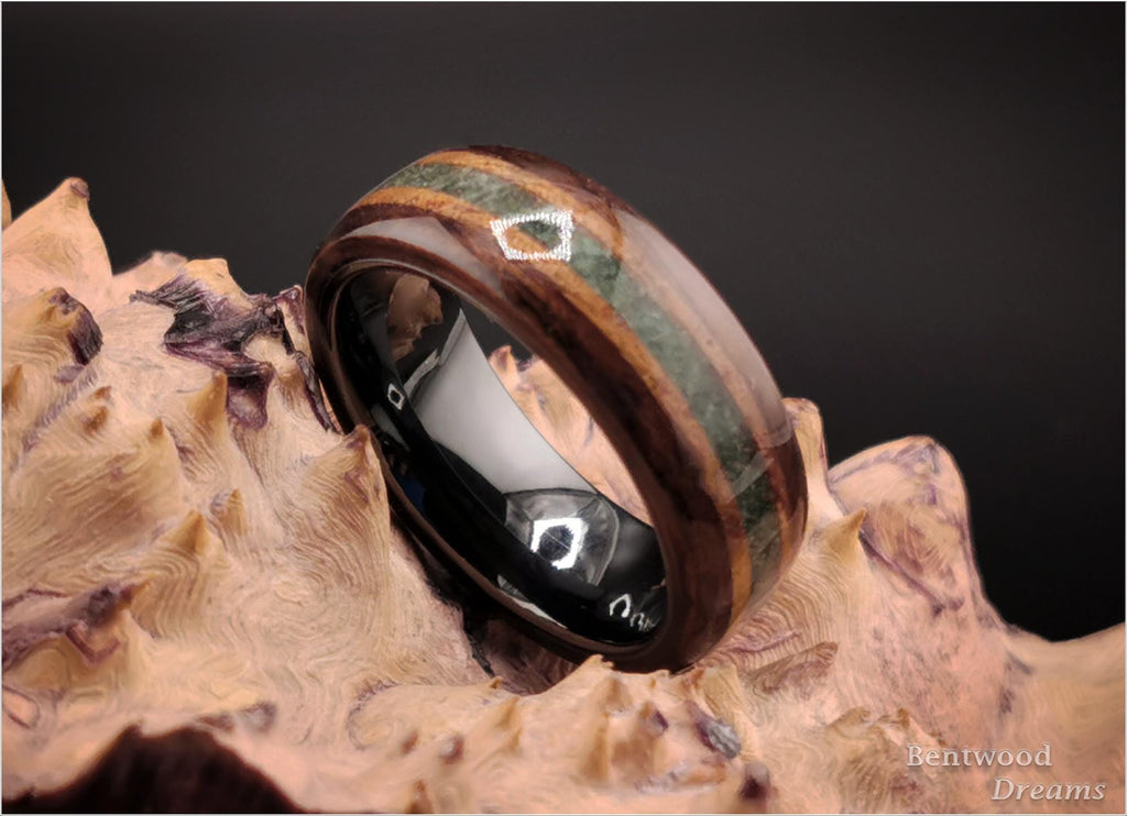 Bentwood Ring: Smoked Etimoe, inlaid Hawaiian Koa and Buddstone, Black Ceramic core