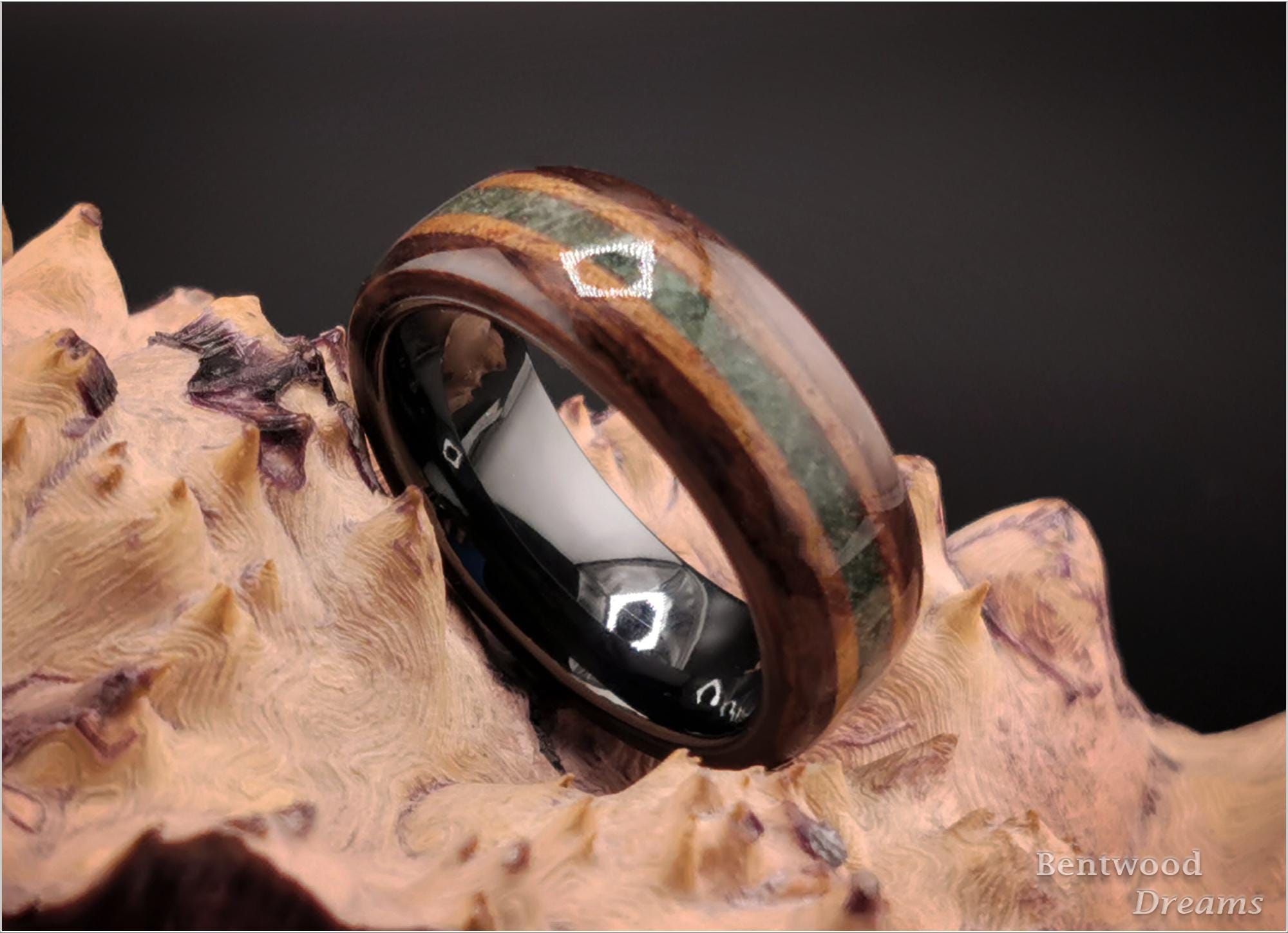 Bentwood Ring: Smoked Etimoe, inlaid Hawaiian Koa and Buddstone, Black Ceramic core