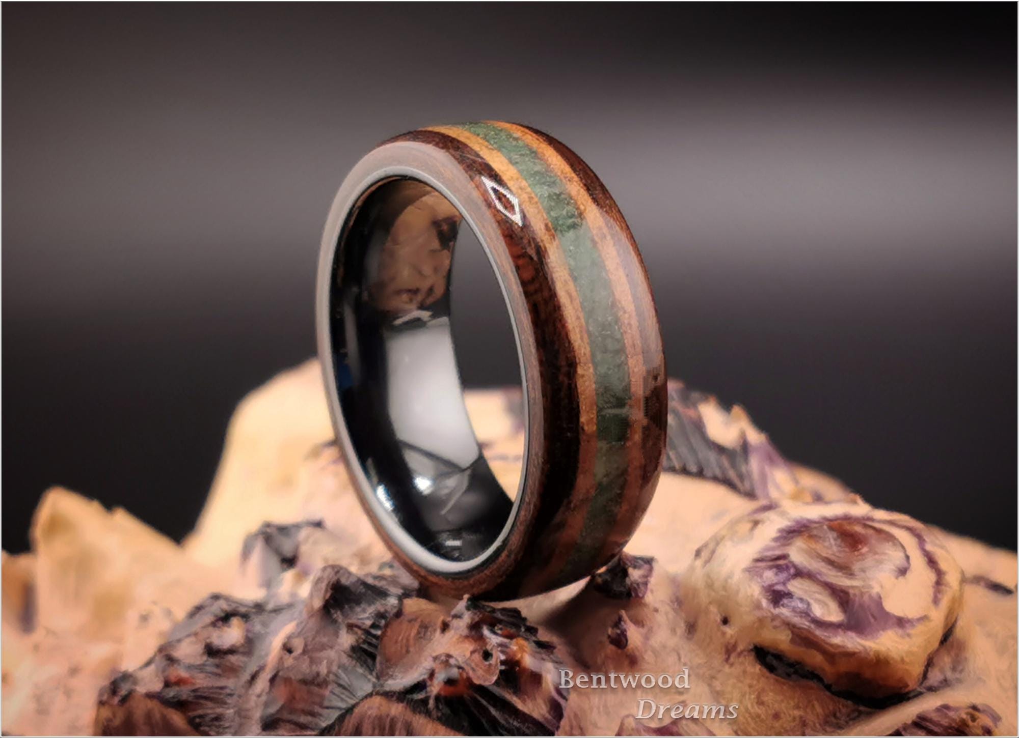 Bentwood Ring: Smoked Etimoe, inlaid Hawaiian Koa and Buddstone, Black Ceramic core