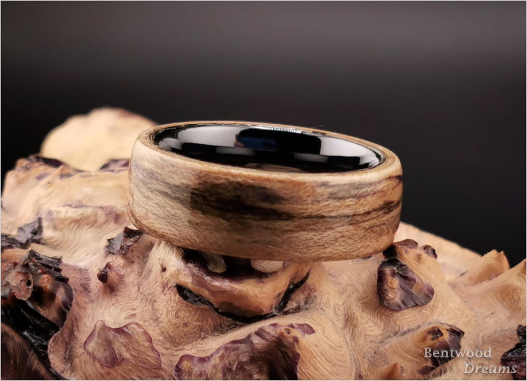 Bentwood Ring: Spalted Maple, Polished Black Ceramic core, wood ring
