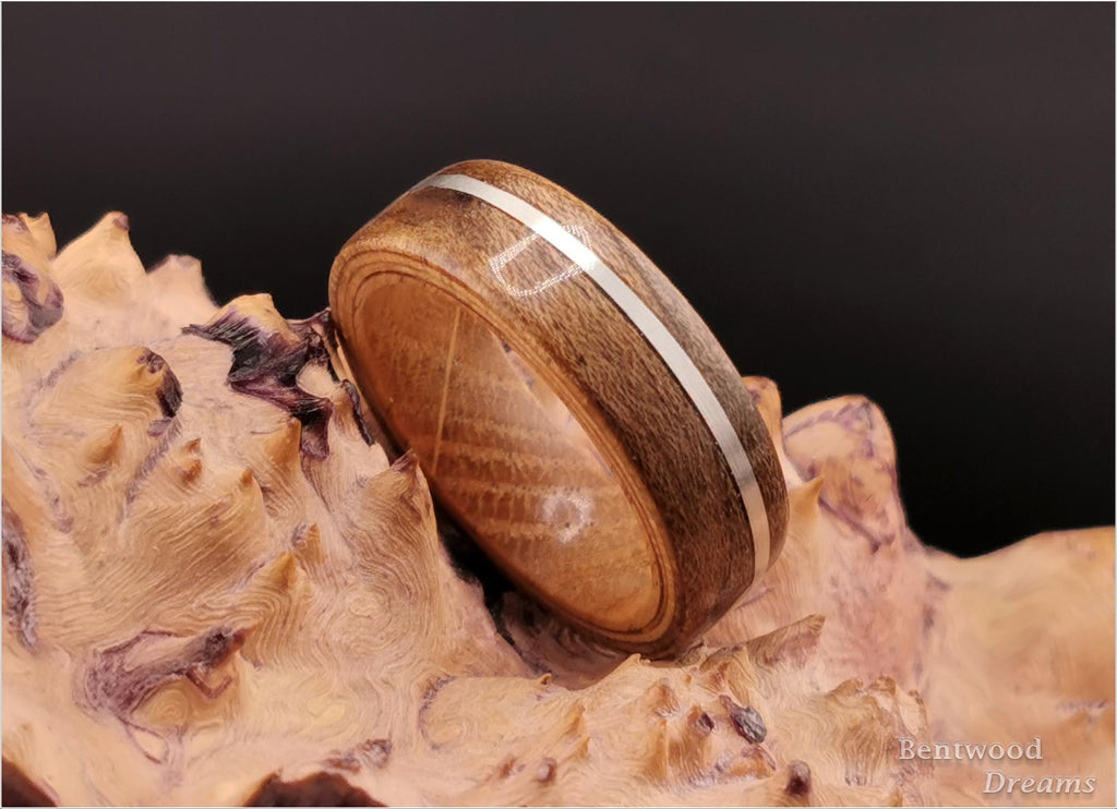 Spalted Maple Bentwood Ring, offset inlaid Silver Wire, Whisky Barrel core