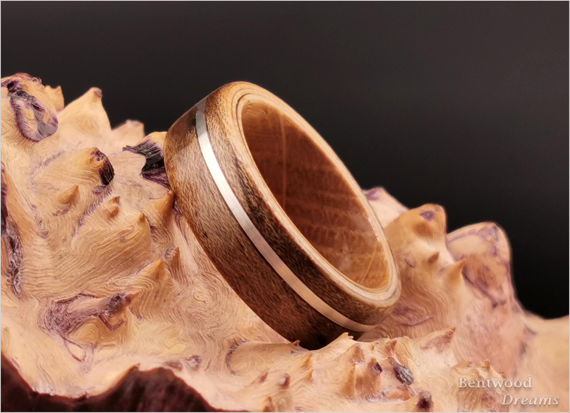 Spalted Maple Bentwood Ring, offset inlaid Silver Wire, Whisky Barrel core