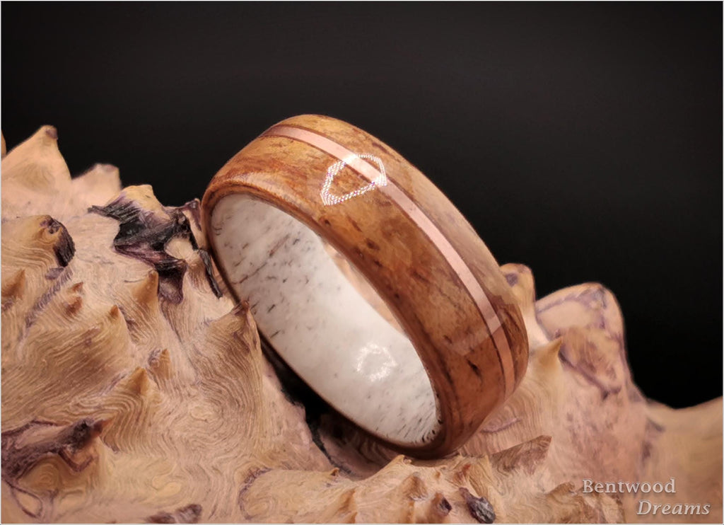Koa Bentwood Ring: Golden Hawaiian Wood, Copper Inlay, Black Ceramic Core