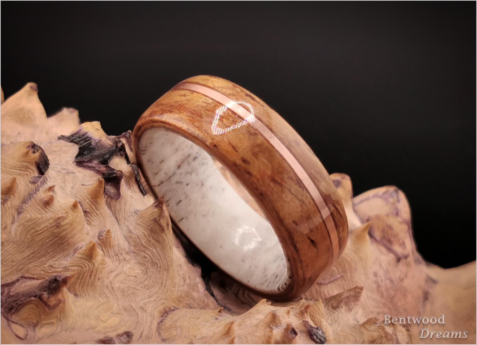 Koa Bentwood Ring: Golden Hawaiian Wood, Copper Inlay, Black Ceramic Core