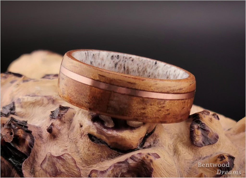 Koa Bentwood Ring: Golden Hawaiian Wood, Copper Inlay, Black Ceramic Core