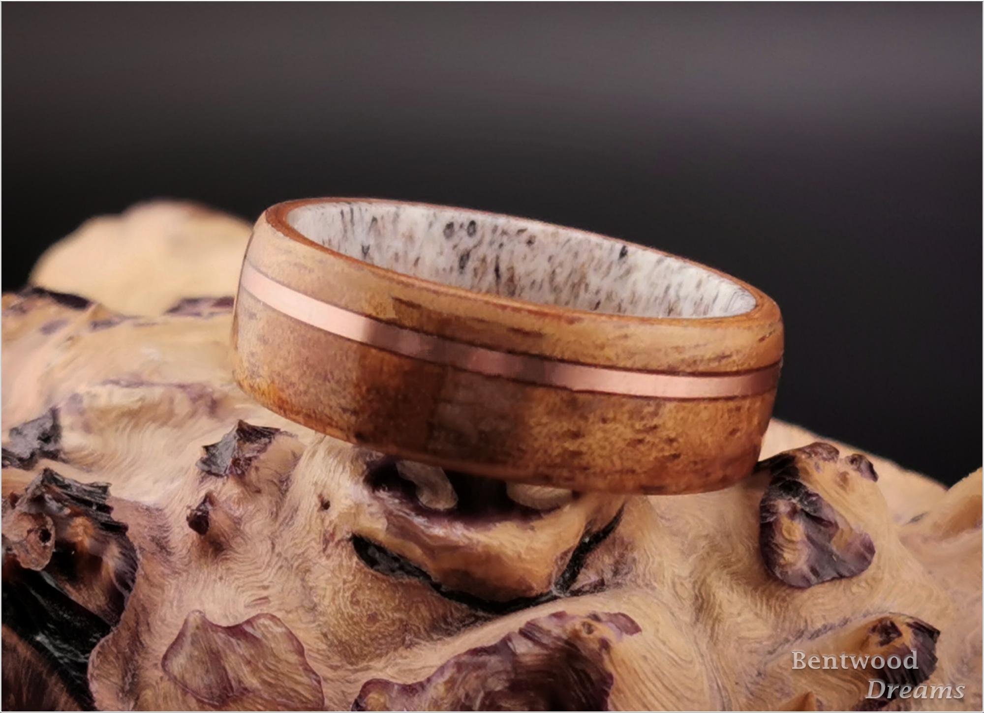Koa Bentwood Ring: Golden Hawaiian Wood, Copper Inlay, Black Ceramic Core