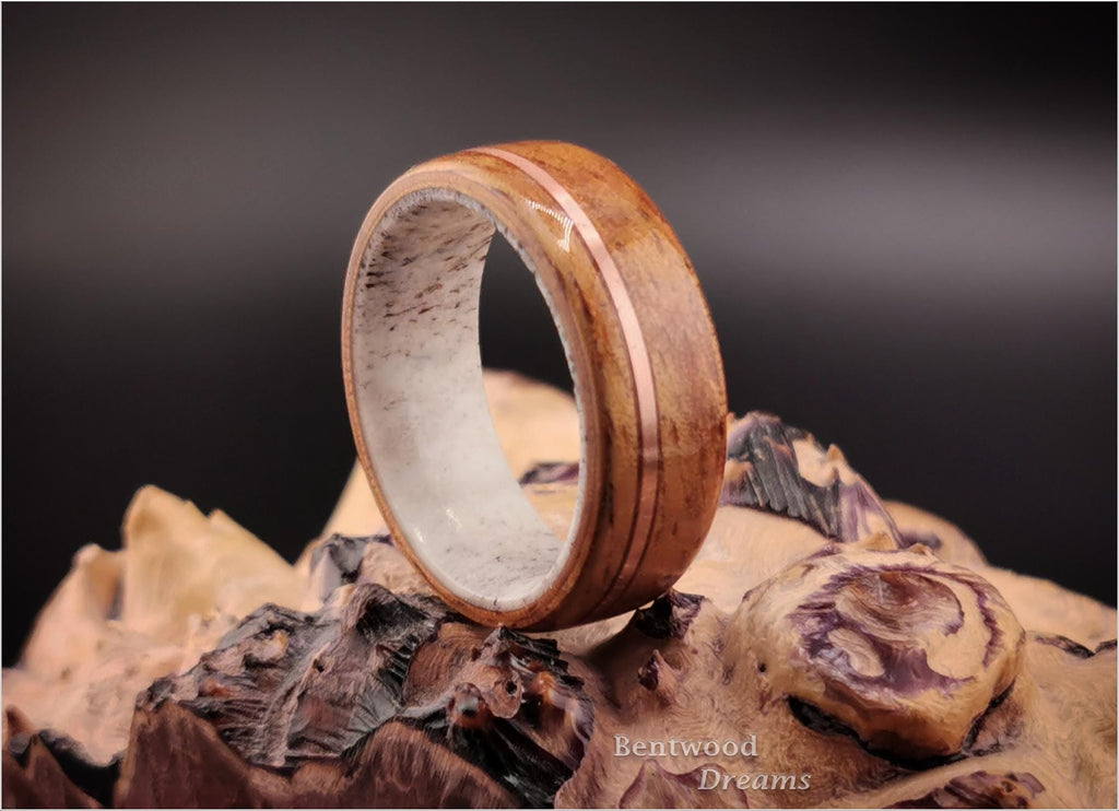 Koa Bentwood Ring: Golden Hawaiian Wood, Copper Inlay, Black Ceramic Core