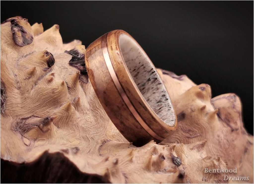 Koa Bentwood Ring: Golden Hawaiian Wood, Copper Inlay, Black Ceramic Core