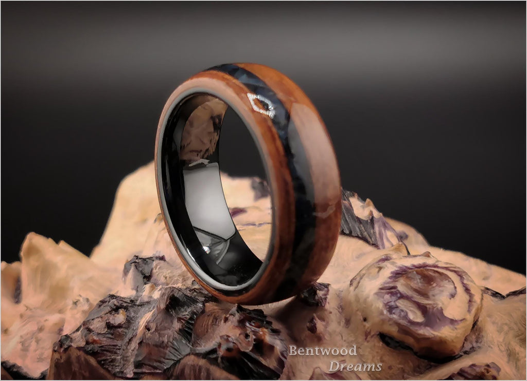 Bentwood Ring: Jatoba, offset inlaid Sieber Agate, Polished Black Ceramic core, wood ring