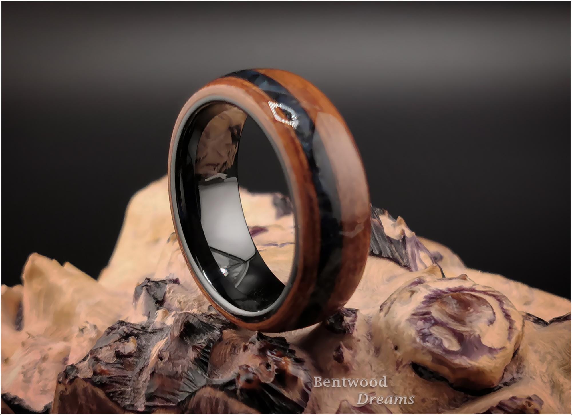 Bentwood Ring: Jatoba, offset inlaid Sieber Agate, Polished Black Ceramic core, wood ring