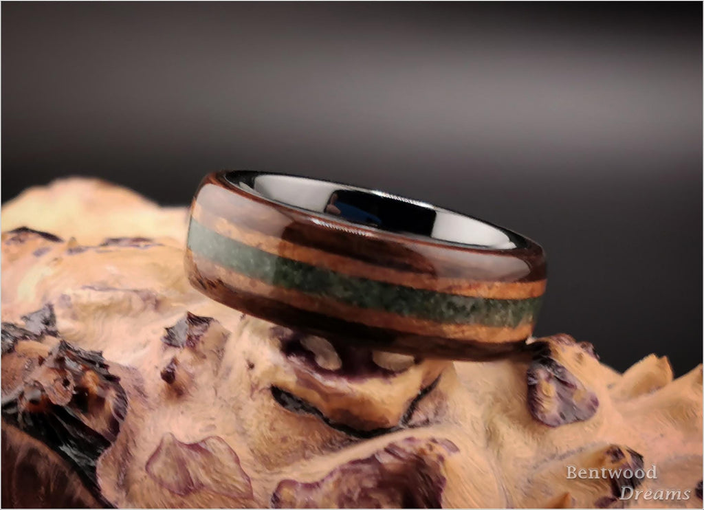 Bentwood Ring: Smoked Etimoe, inlaid Hawaiian Koa and Buddstone, Black Ceramic core