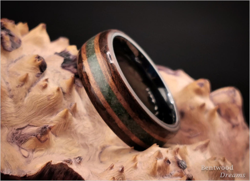 Bentwood Ring: Smoked Etimoe, inlaid Hawaiian Koa and Buddstone, Black Ceramic core