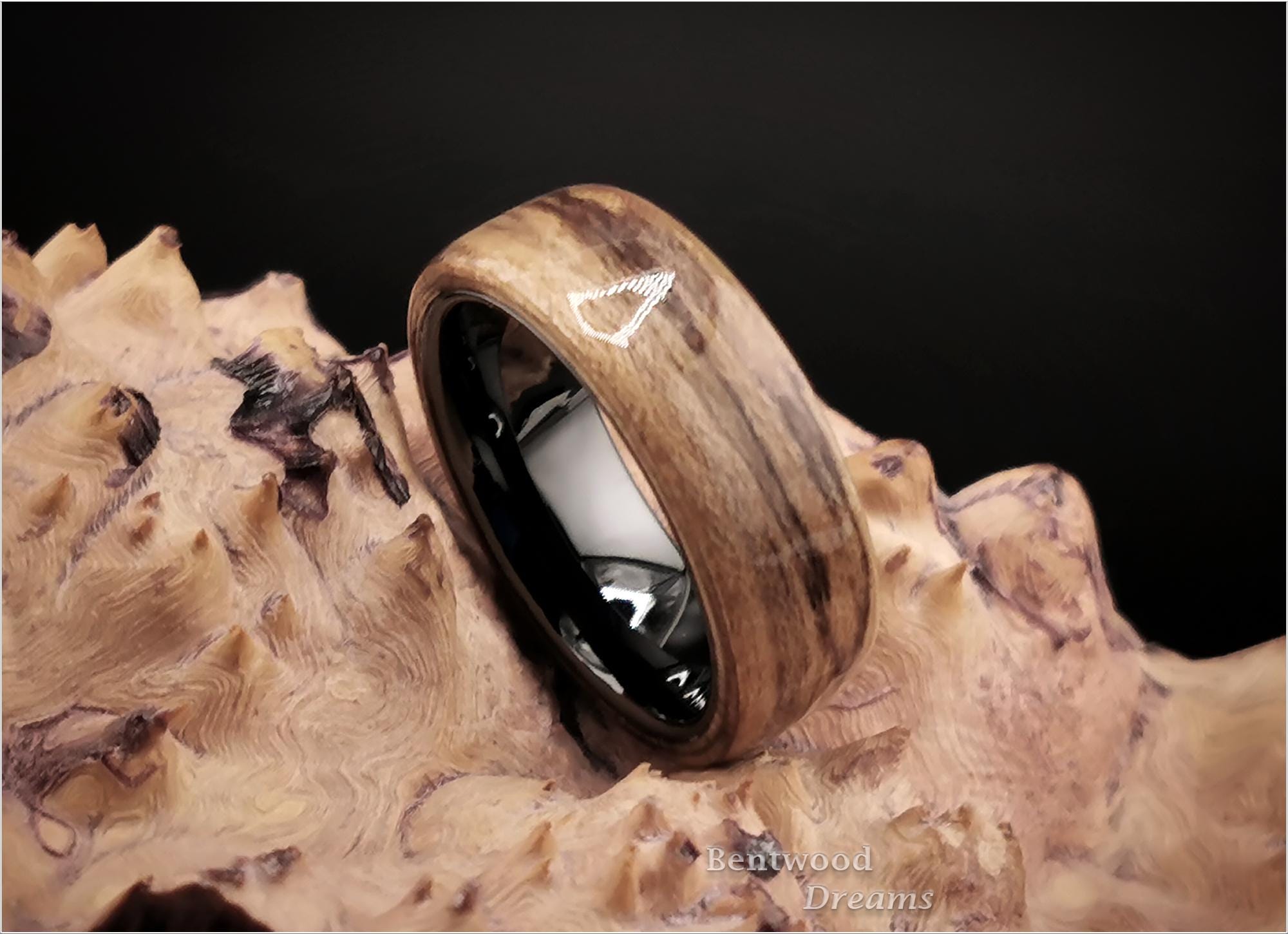 Bentwood Ring: Spalted Maple, Polished Black Ceramic core, wood ring