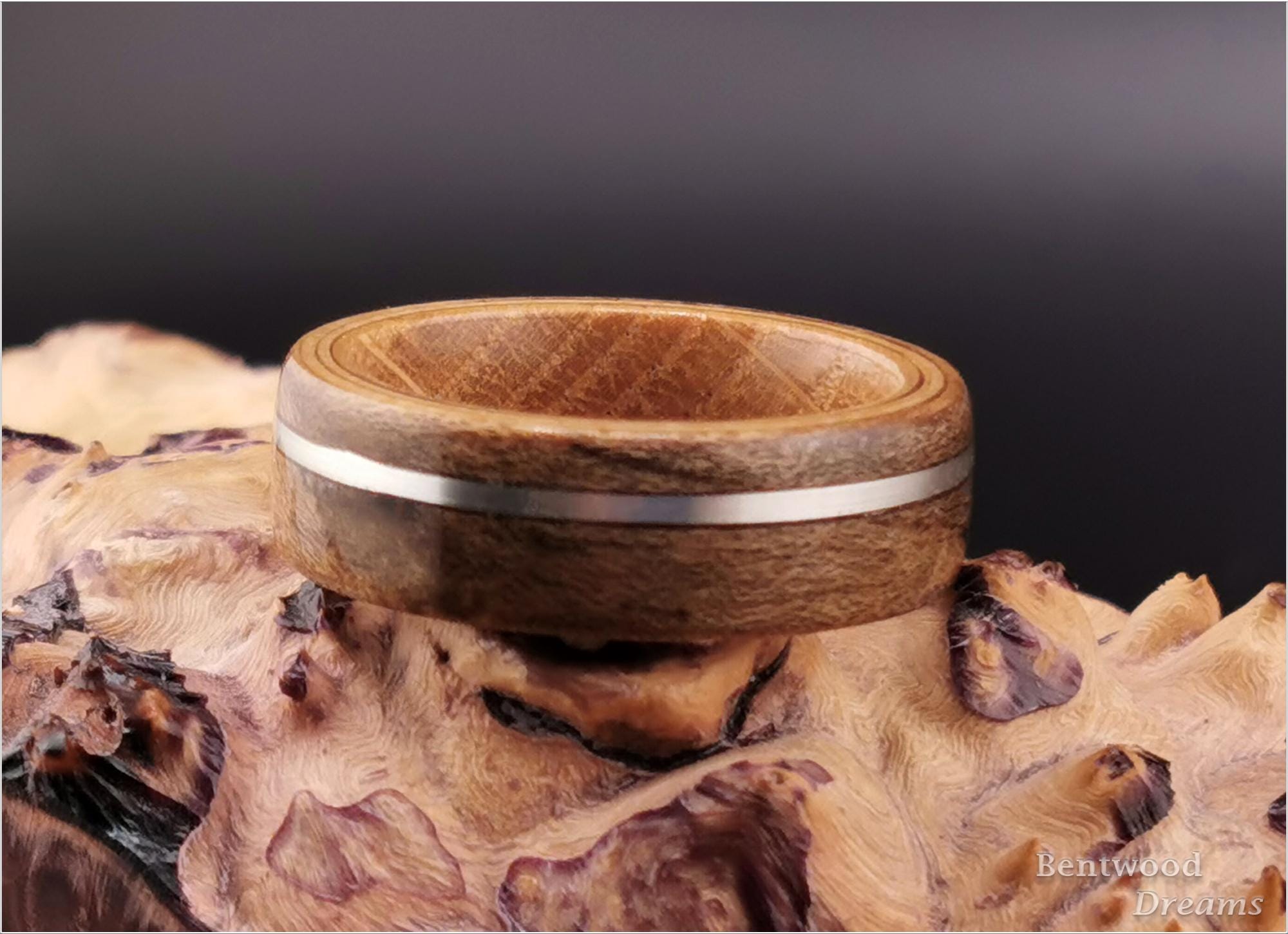 Spalted Maple Bentwood Ring, offset inlaid Silver Wire, Whisky Barrel core