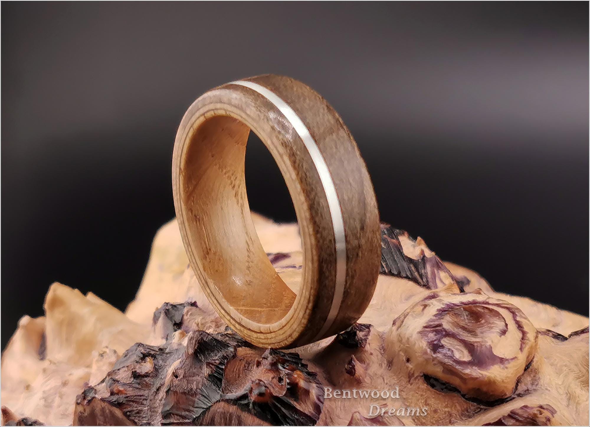 Spalted Maple Bentwood Ring, offset inlaid Silver Wire, Whisky Barrel core