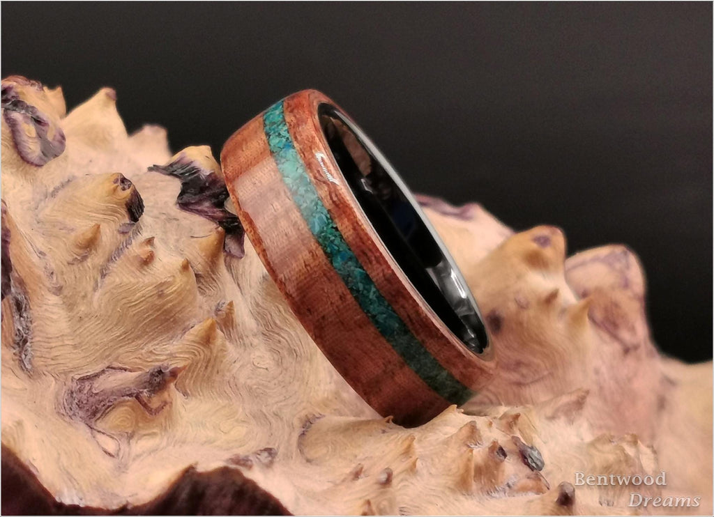 Bentwood Ring: Fiddleback Kotibe, offset inlaid Dark Chrysocolla, polished Black Ceramic core, wood ring