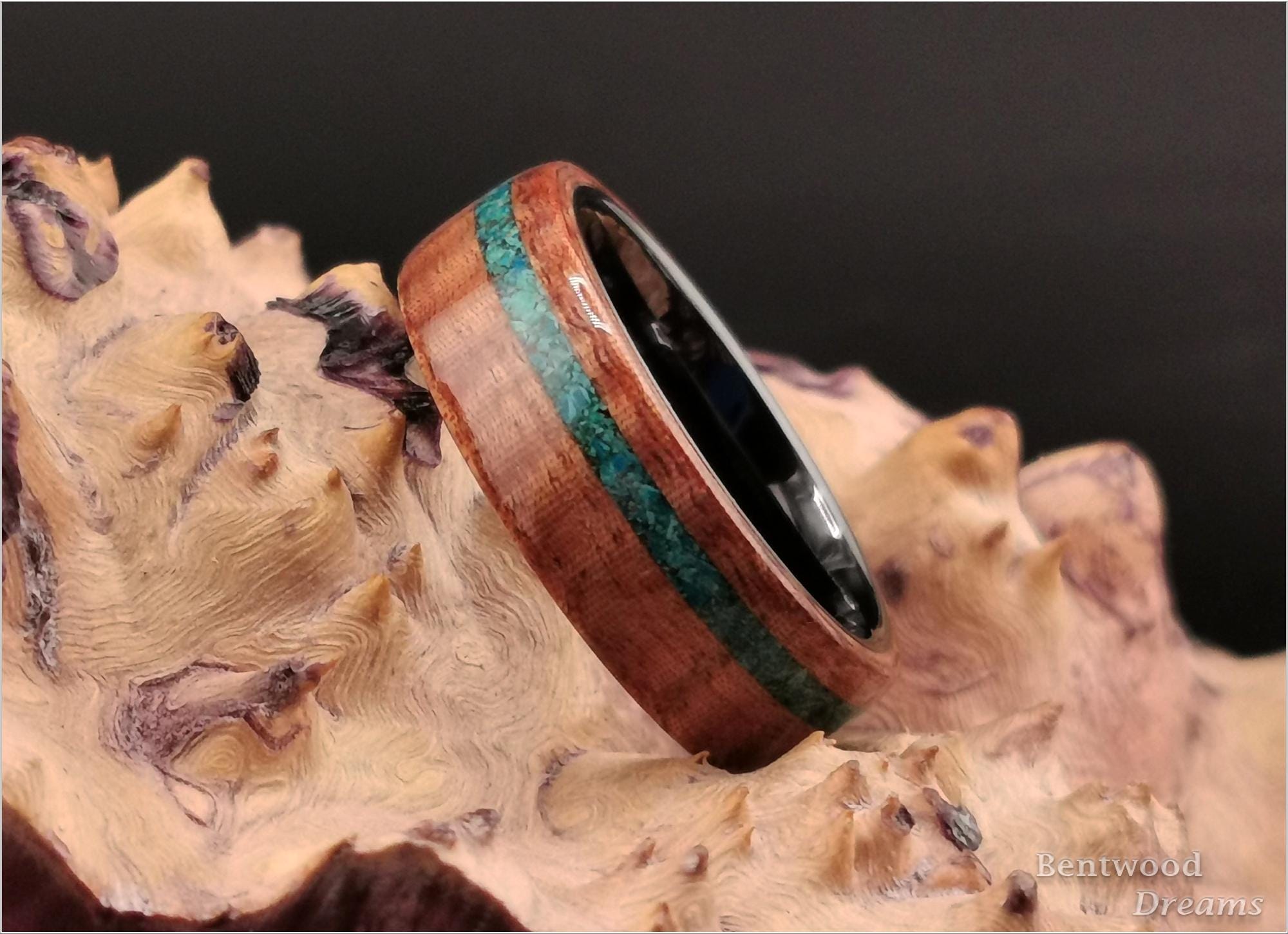 Bentwood Ring: Fiddleback Kotibe, offset inlaid Dark Chrysocolla, polished Black Ceramic core, wood ring