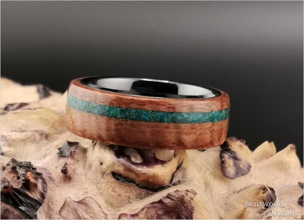 Bentwood Ring: Fiddleback Kotibe, offset inlaid Dark Chrysocolla, polished Black Ceramic core, wood ring