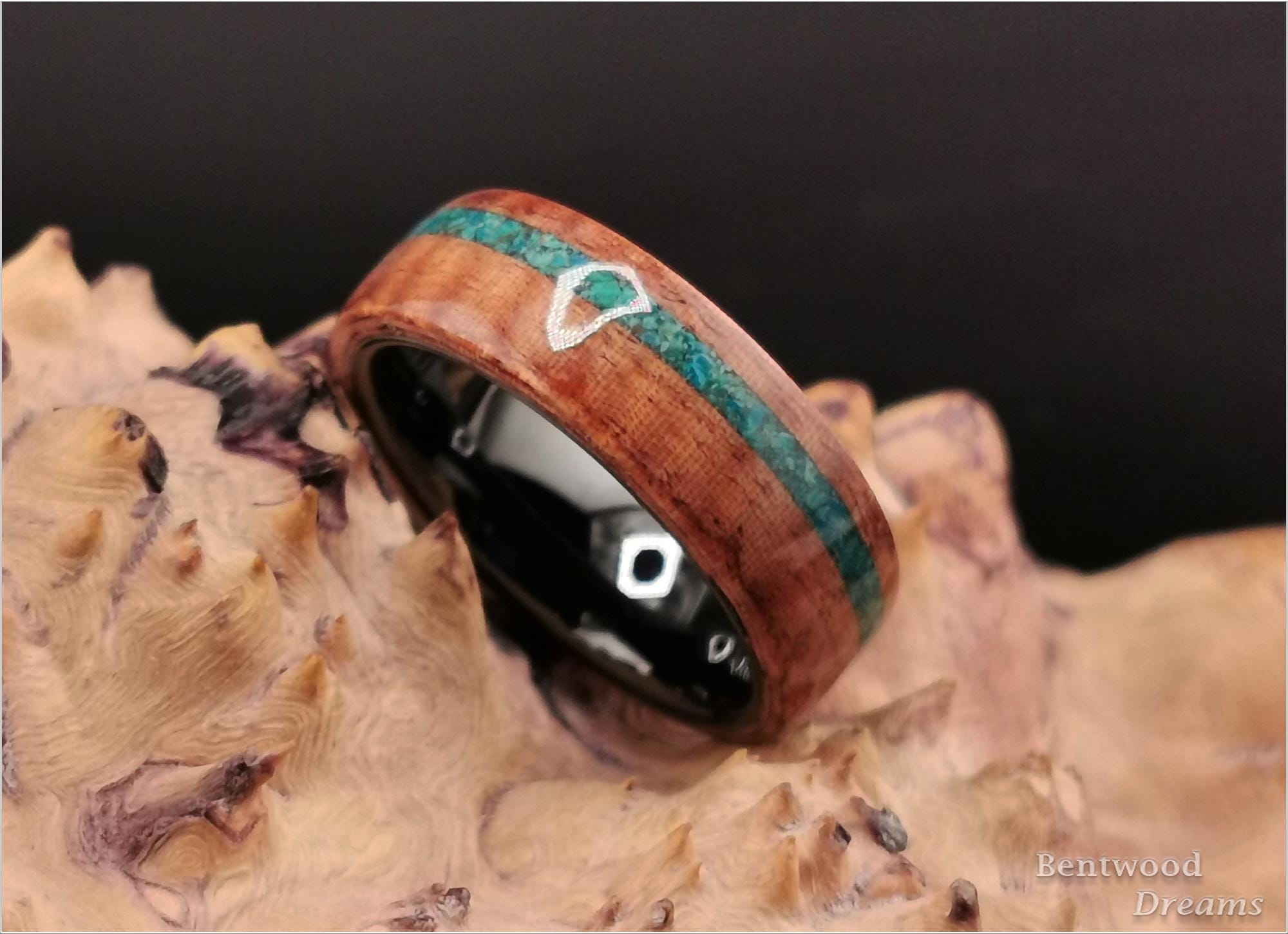 Bentwood Ring: Fiddleback Kotibe, offset inlaid Dark Chrysocolla, polished Black Ceramic core, wood ring