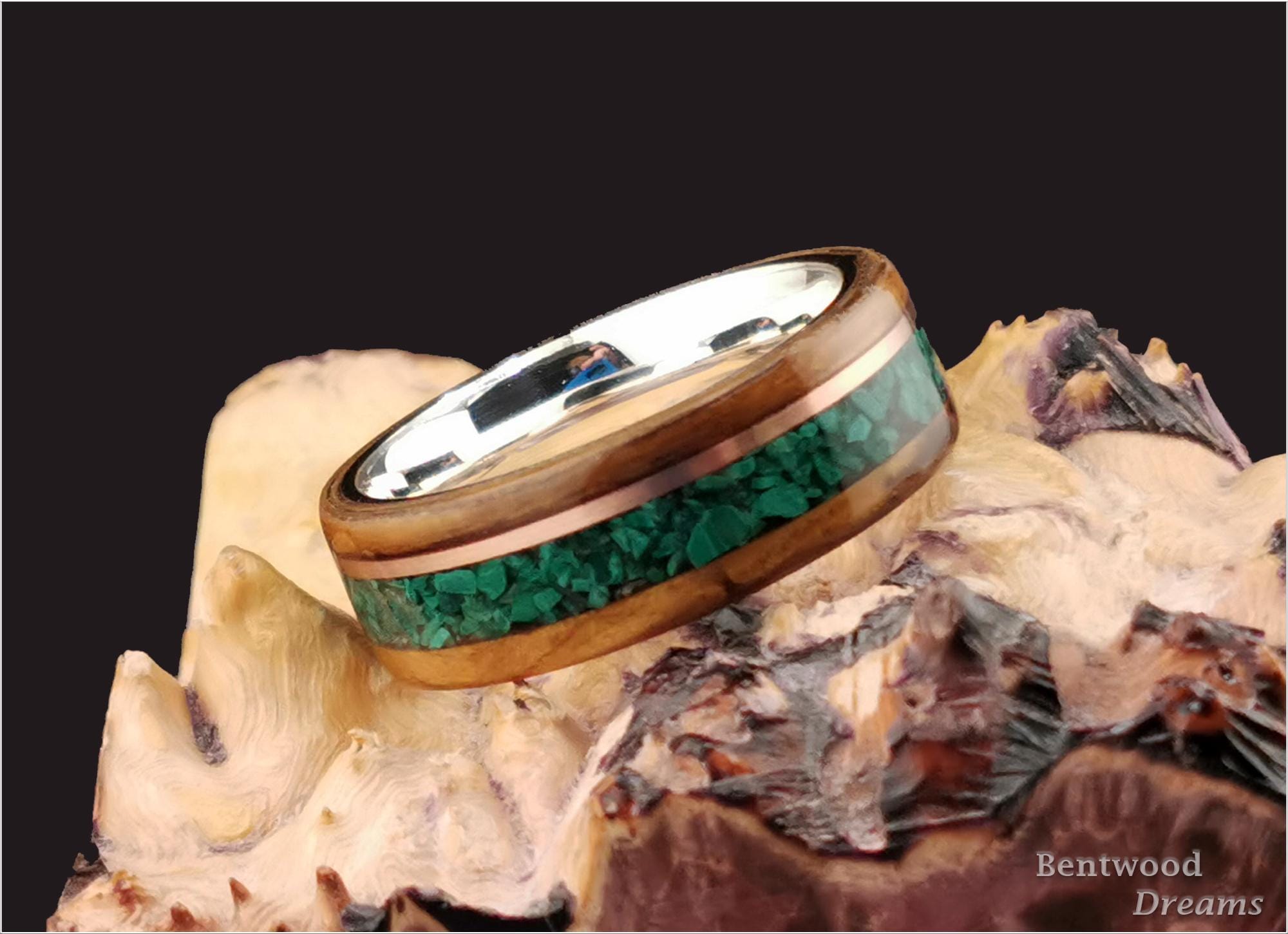 Bentwood Ring: English Brown Oak, Copper Wire and Green Malachite, Sterling Silver core