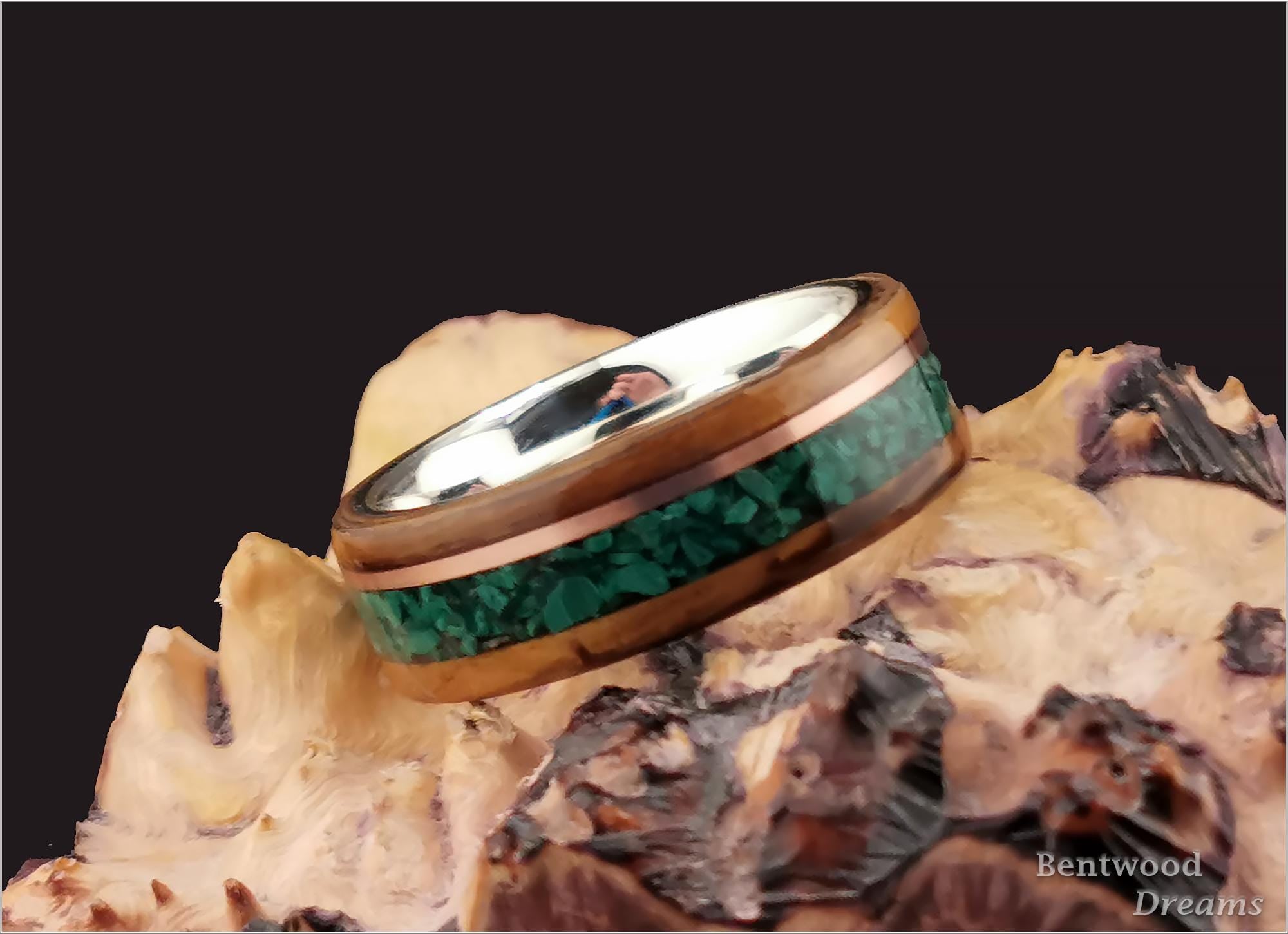 Bentwood Ring: English Brown Oak, Copper Wire and Green Malachite, Sterling Silver core