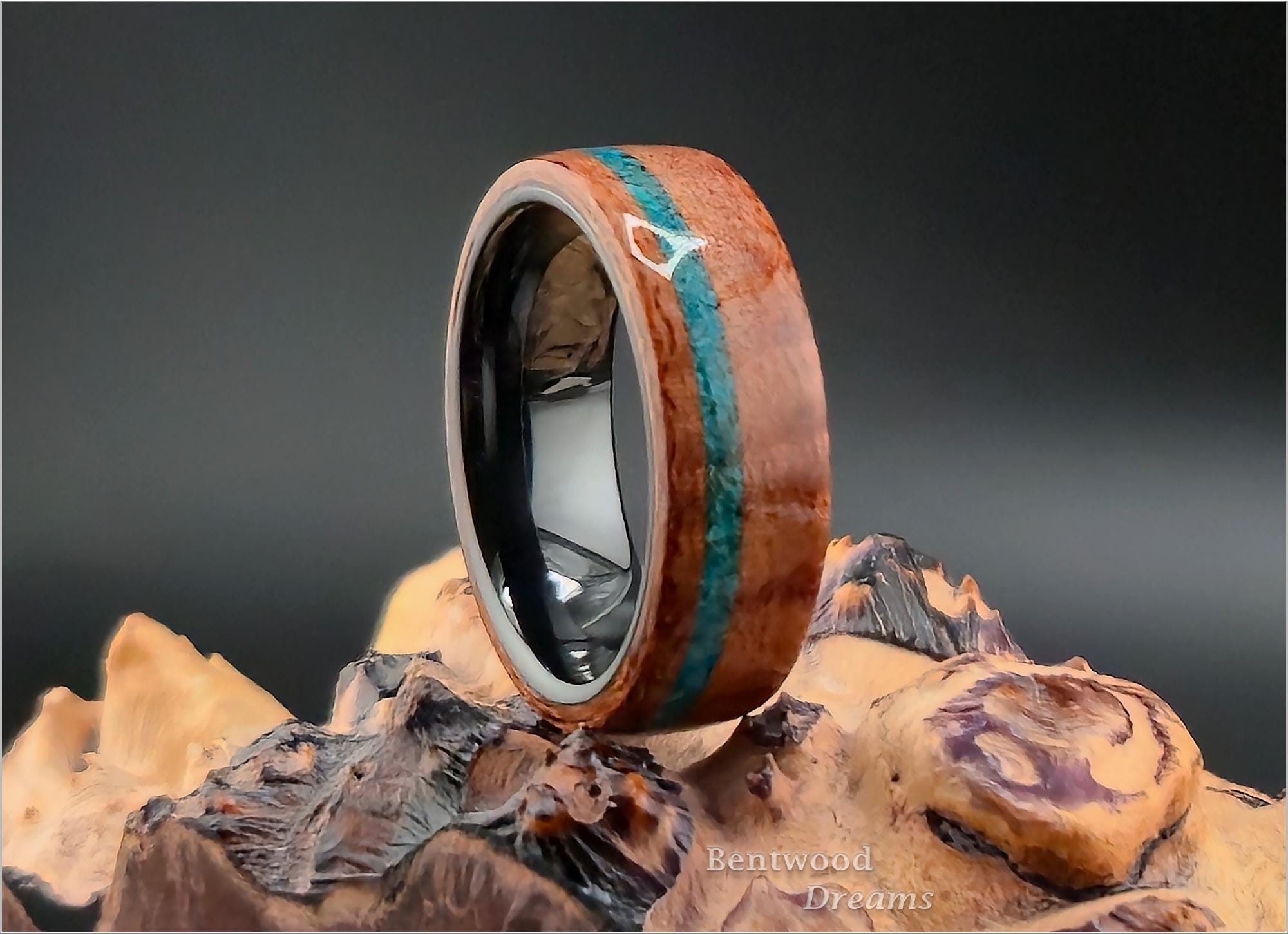 Bentwood Ring: Fiddleback Kotibe, offset inlaid Dark Chrysocolla, polished Black Ceramic core, wood ring