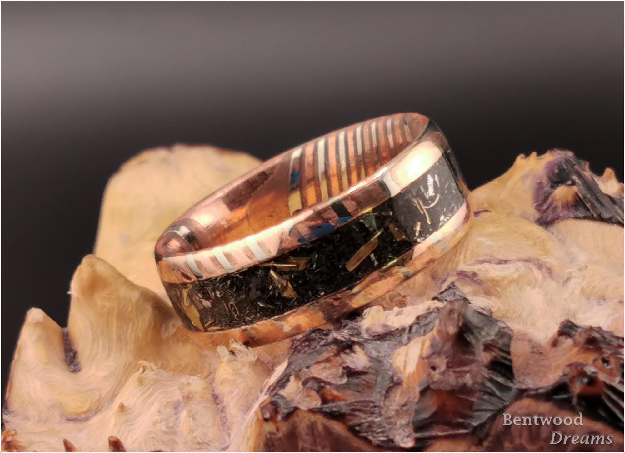 Mokume Gane Ring: inlaid Meteorite and M41 Walker Bulldog Tank shavings
