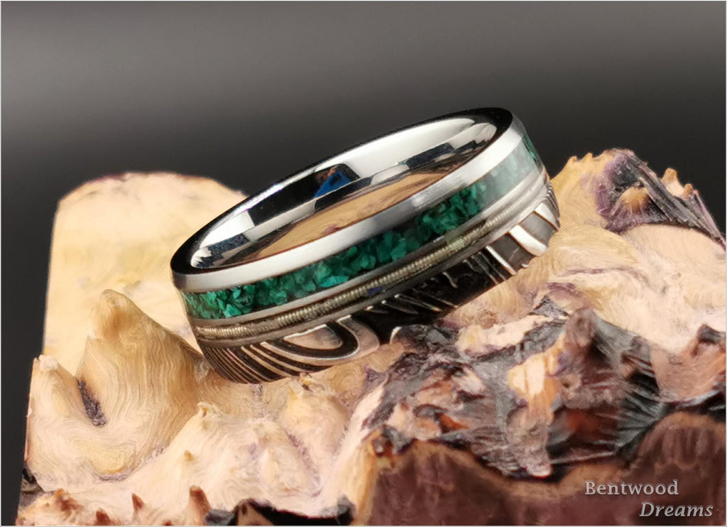 Black Damascus Steel Ring, w/inlaid Guitar String and Green Malachite, metal ring