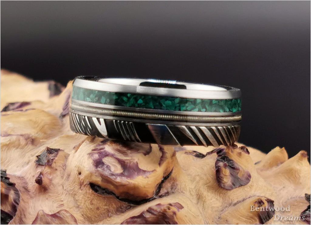 Black Damascus Steel Ring, w/inlaid Guitar String and Green Malachite, metal ring