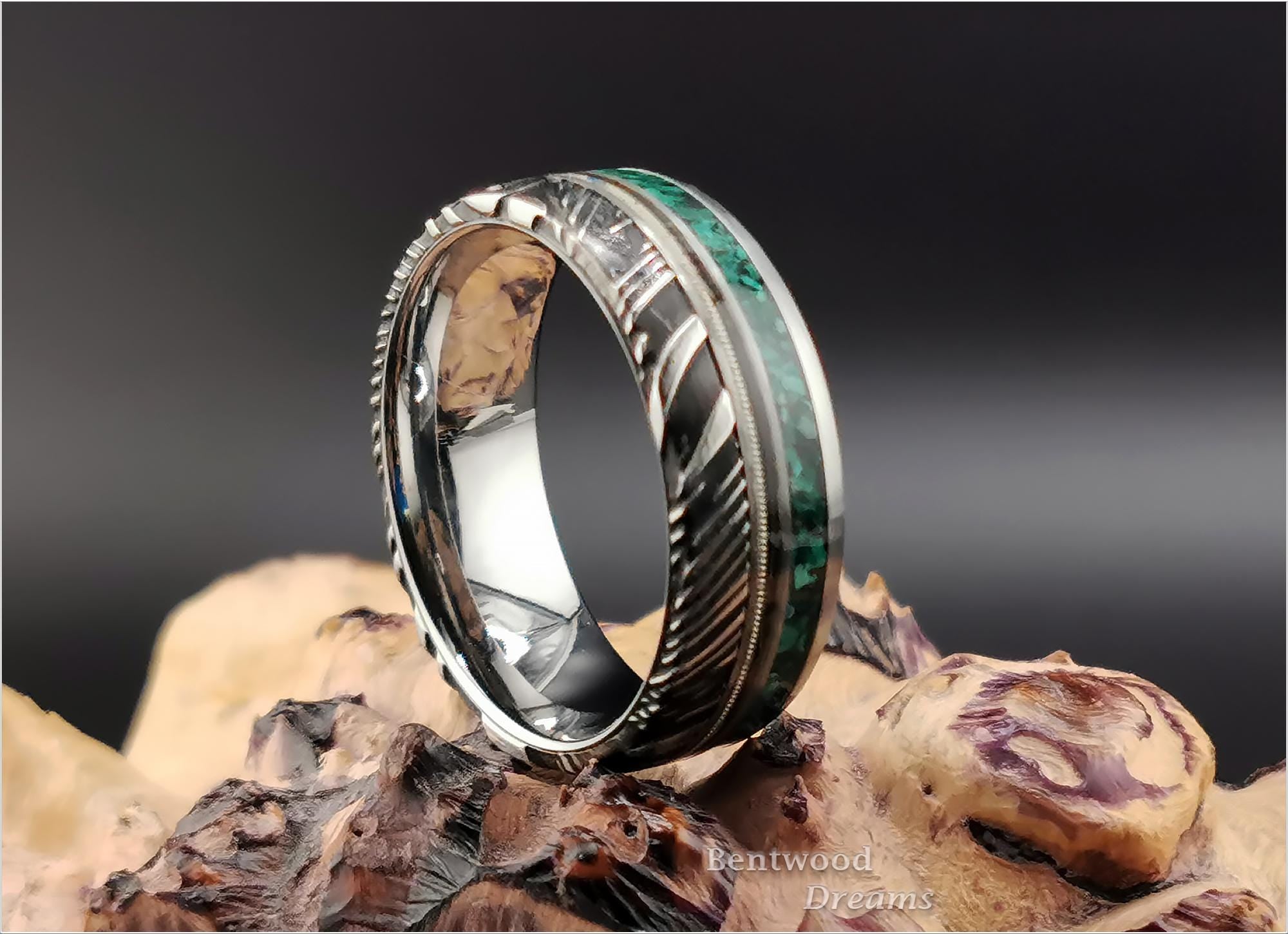 Black Damascus Steel Ring, w/inlaid Guitar String and Green Malachite, metal ring