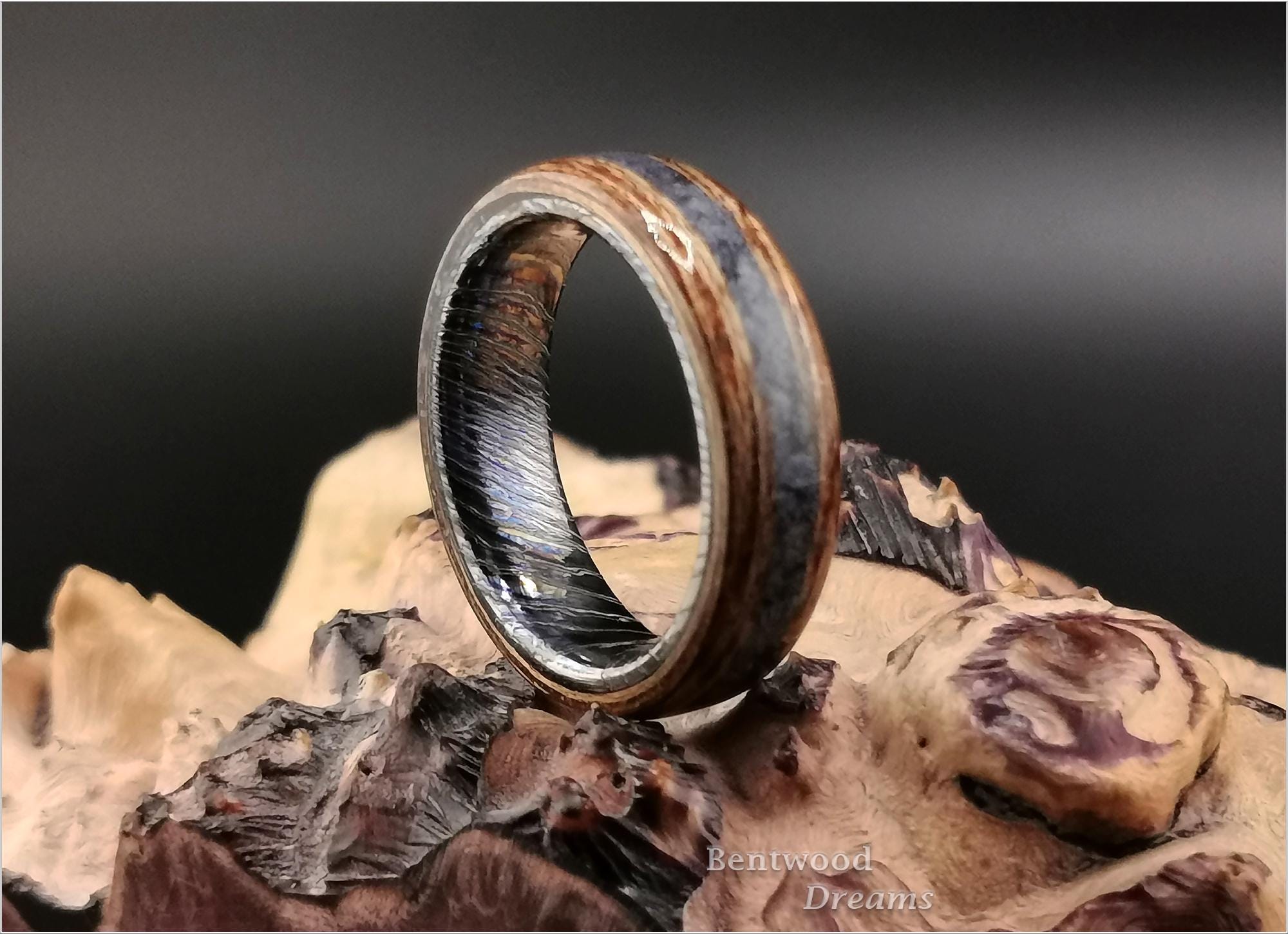 Bentwood Ring: Red Meranti, inlaid Fossilised Blue Coral, ZircuTi core