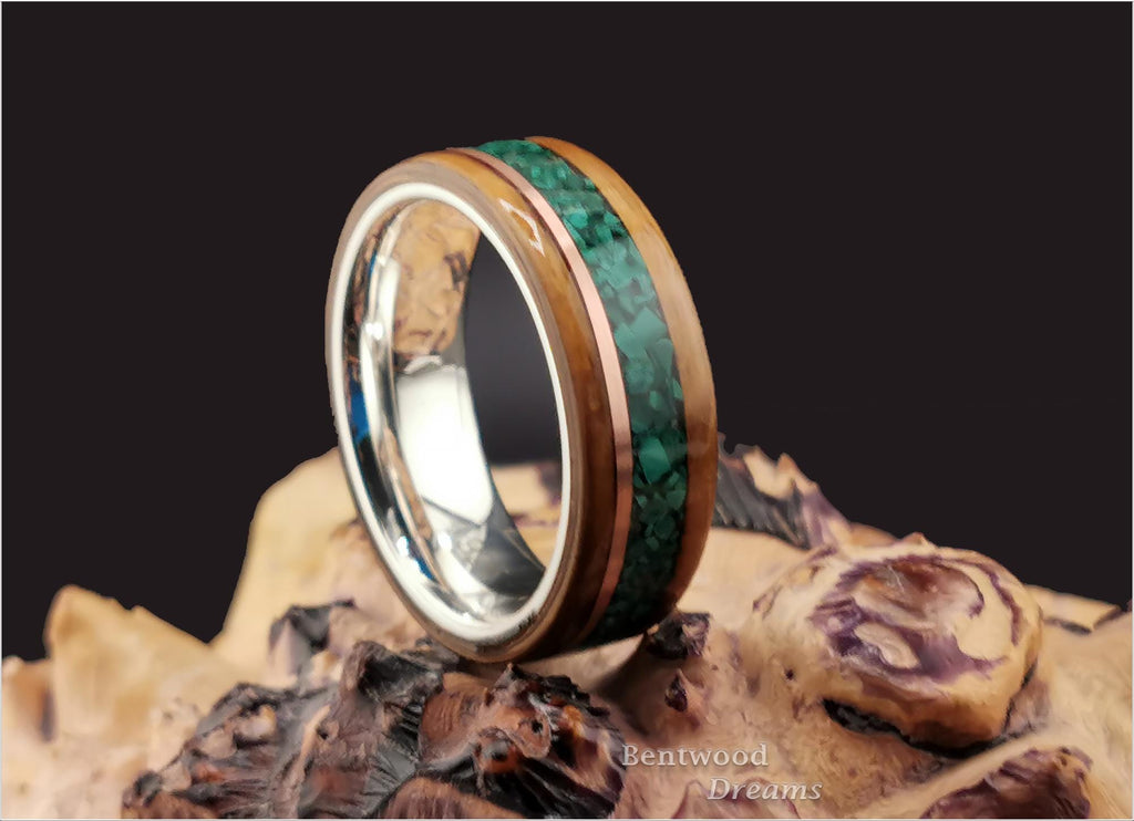 Bentwood Ring: English Brown Oak, Copper Wire and Green Malachite, Sterling Silver core