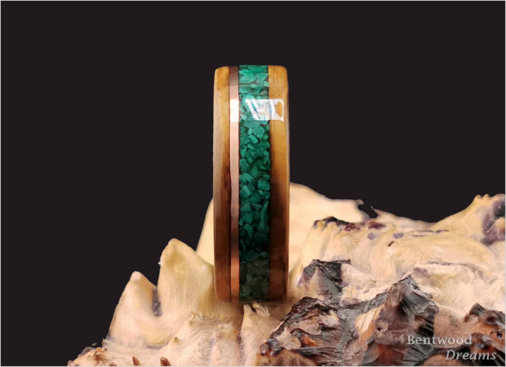 Bentwood Ring: English Brown Oak, Copper Wire and Green Malachite, Sterling Silver core