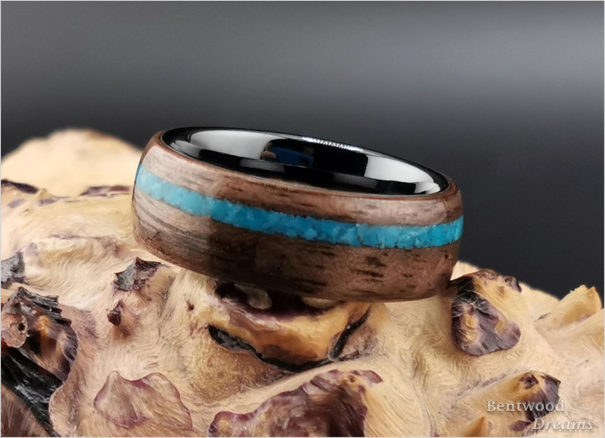 Bentwood Ring: Curly Walnut, Kingman Turquoise, polished Black Ceramic core
