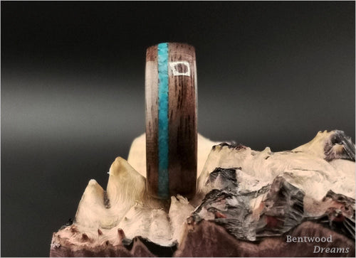 Bentwood Ring: Curly Walnut, Kingman Turquoise, polished Black Ceramic core