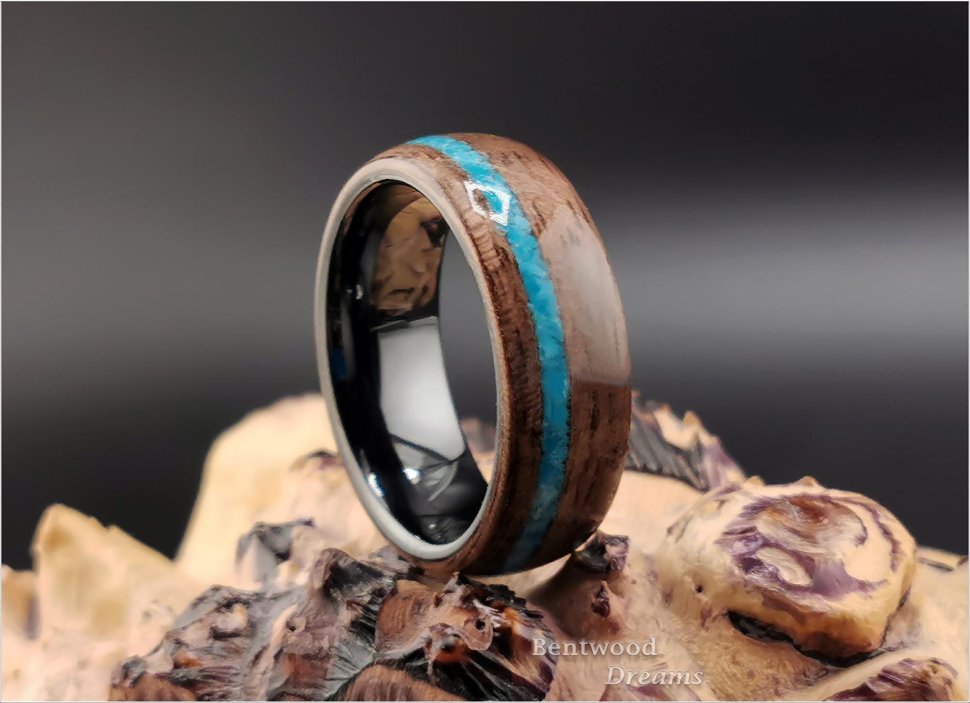 Bentwood Ring: Curly Walnut, Kingman Turquoise, polished Black Ceramic core