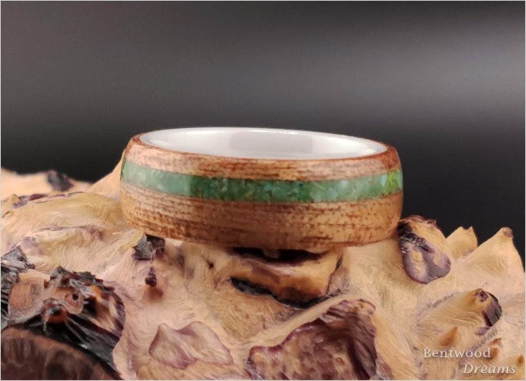 Bentwood Ring: Okoume, offset inlaid Nevada Apple Variscite, polished White Ceramic core, wood ring